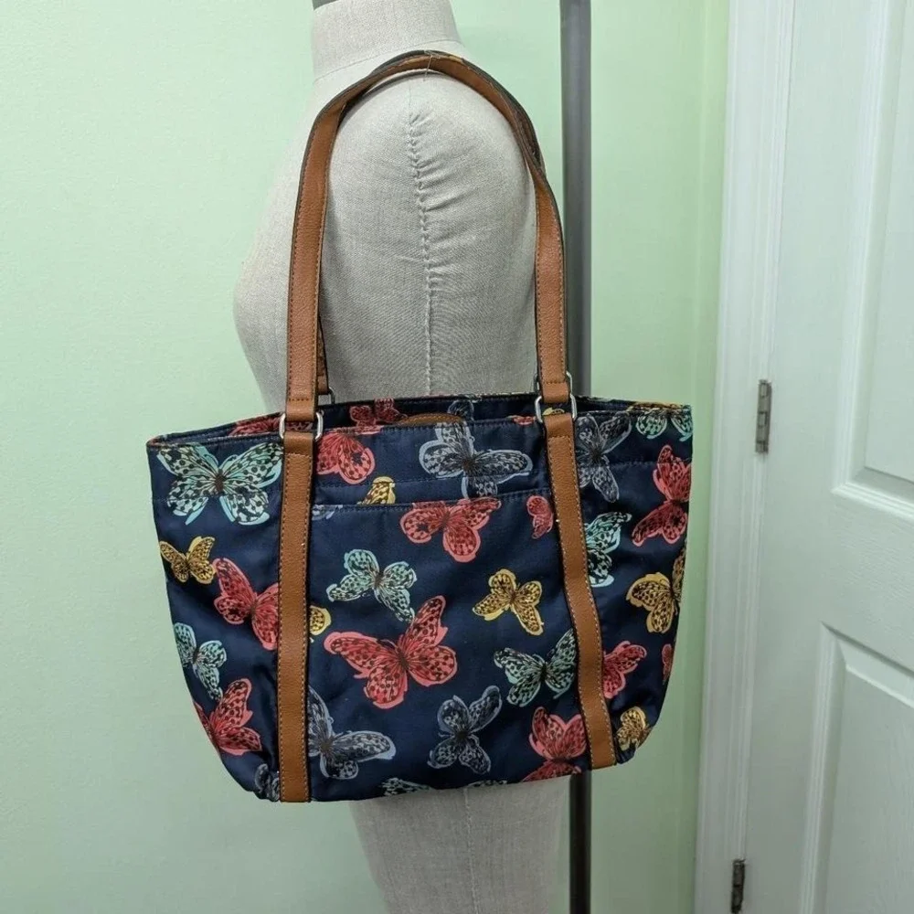 Franco Sarto navy blue‎ butterfly print tote bag with brown leather straps